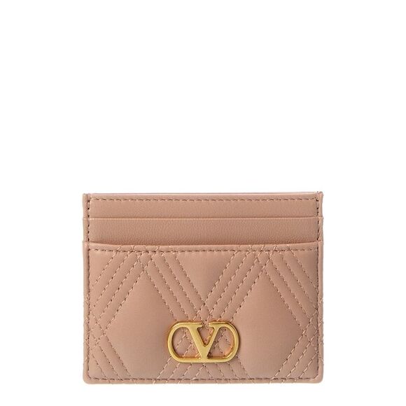 Valentino Vlogo Signature Quilted Leather Card Case Pink